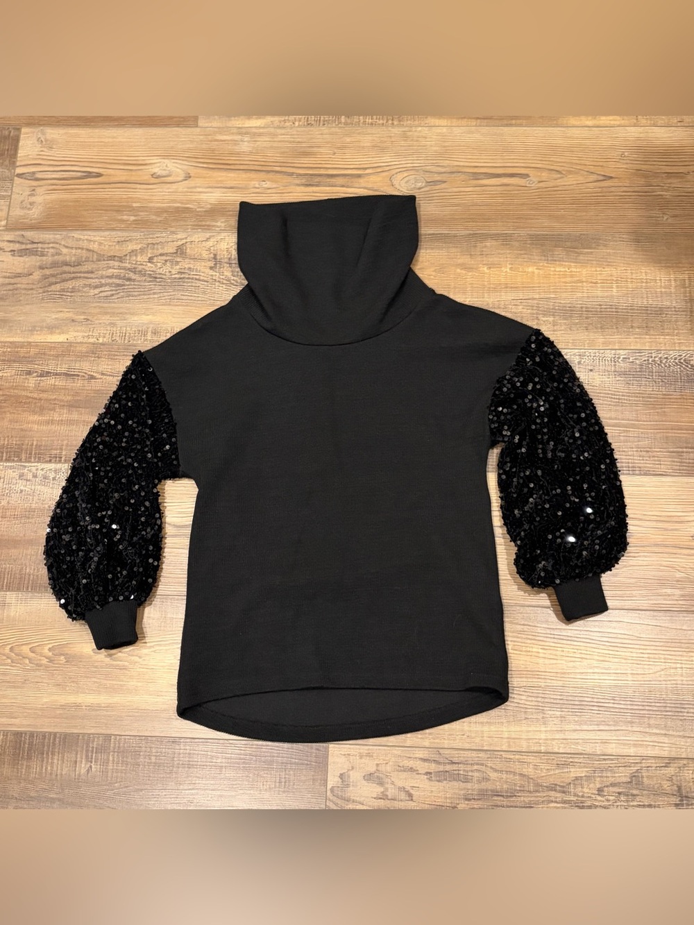 THML Black Sequin Puff-Sleeve Turtleneck